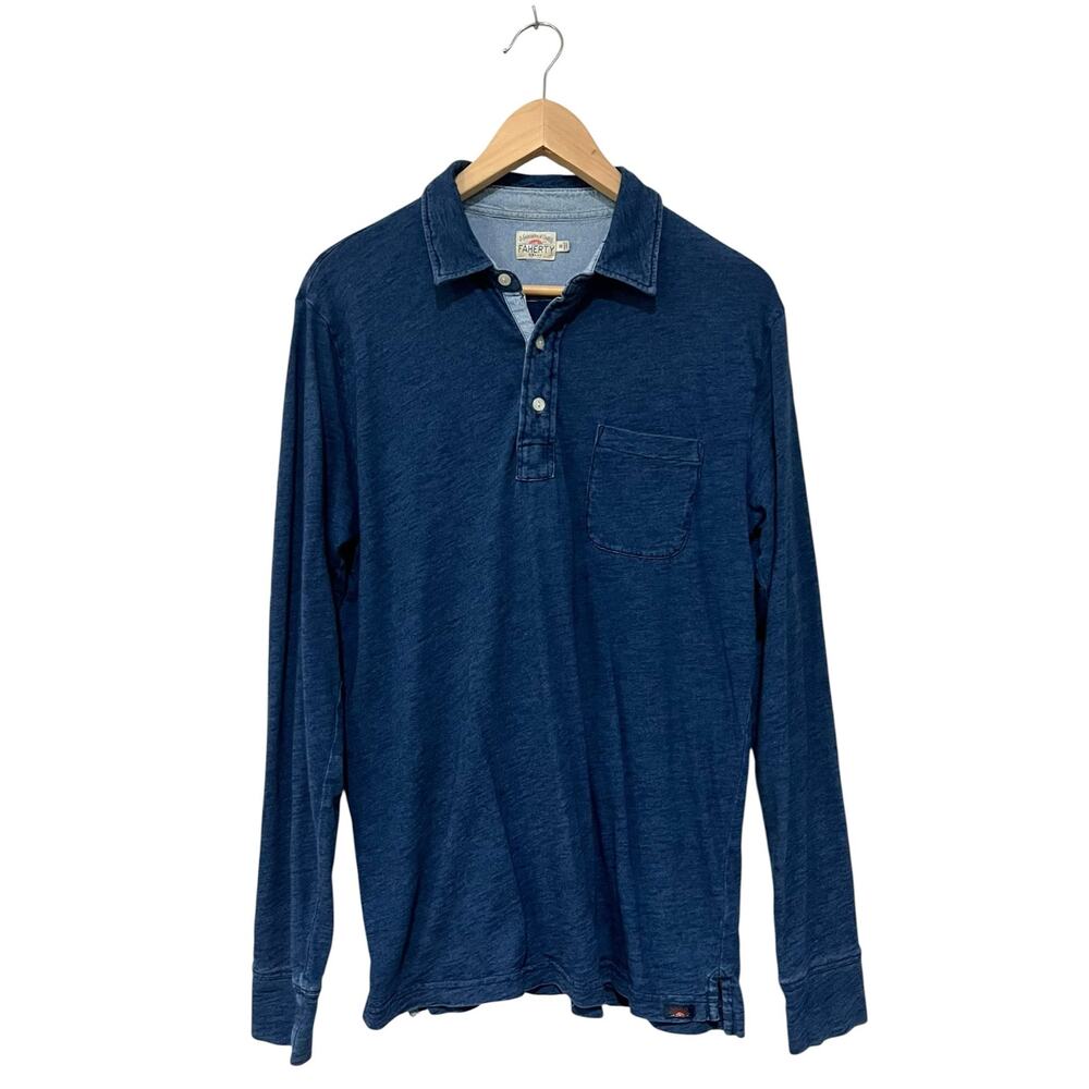 Faherty Men’s Polo Shirt Long Sleeve Blue Casual Pocket 100% Cotton Preppy Sz M